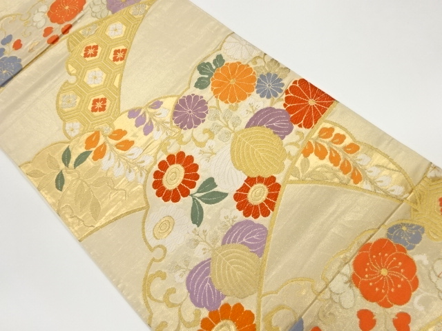 雪芝に花々模様織出し袋帯